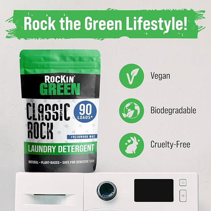 Rockin' Green Classic Rock Laundry Detergent (90 Loads), Plant based, All Natural Laundry Detergent Powder, Vegan and Biodegradable Odor Fighter, Safe for Sensitive Skin, 45 oz (Freshwood Mac)