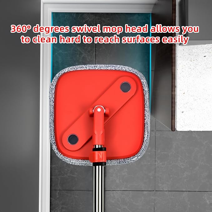 Spin Mop and Bucket Set with Separation Dirty and Clean Water System, Self Wringing 360° Rotating Clean Mop-Head and Bucket Set for Hardwood Tile Marble Floor with 2Pads-Black+Red