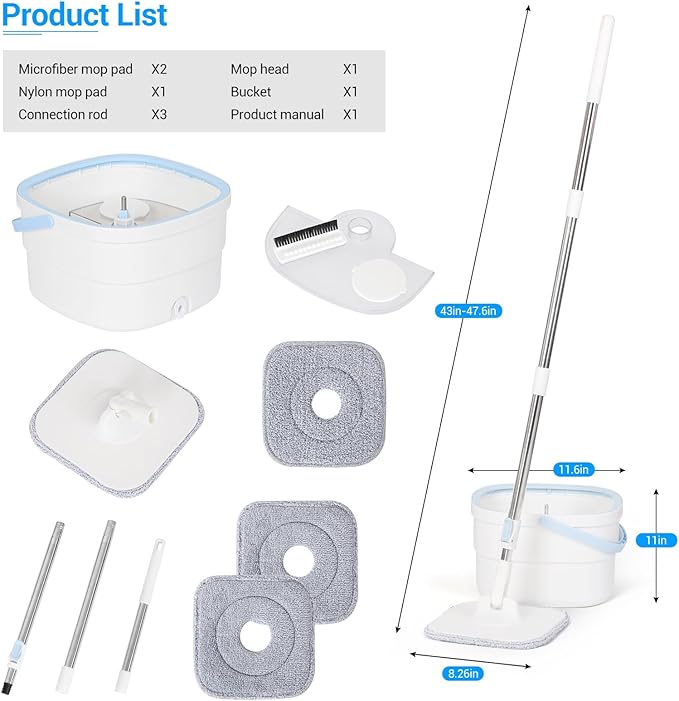 Spin Mop and Bucket with Separate Dirty and Clean Water for Floor Cleaning Spinning Mop