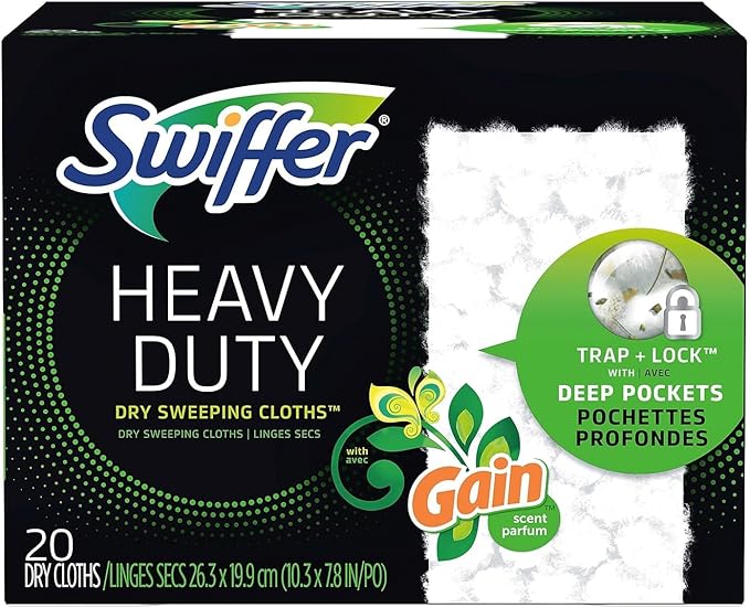 Swiffer Sweeper - Heavy-Duty - Dry Cloth Refill, Gain Scent, White - Trap + Lock with Deep Pockets - 20 Ct. (Pack of 2)