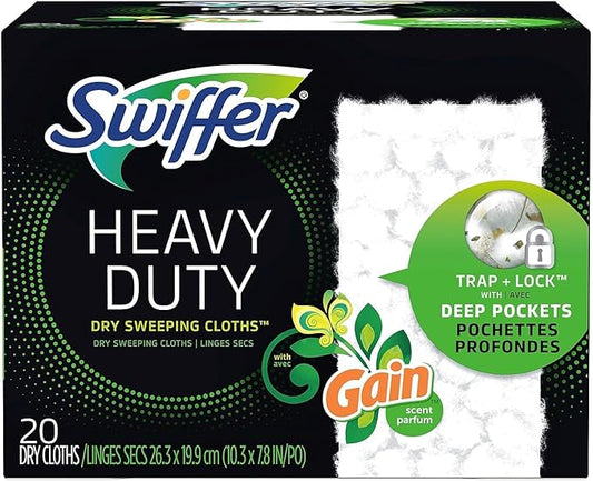 Swiffer Sweeper - Heavy-Duty - Dry Cloth Refill, Gain Scent, White - Trap + Lock with Deep Pockets - 20 Ct. (Pack of 2)