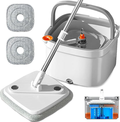 Spin Mop and Bucket Set with Self Separation System 360° Spinning Self-Wringing, Square Clean Mop and Bucket with Wringer-with Replaceable Mop (Light Grey Mop and Bucket Set 2pads)