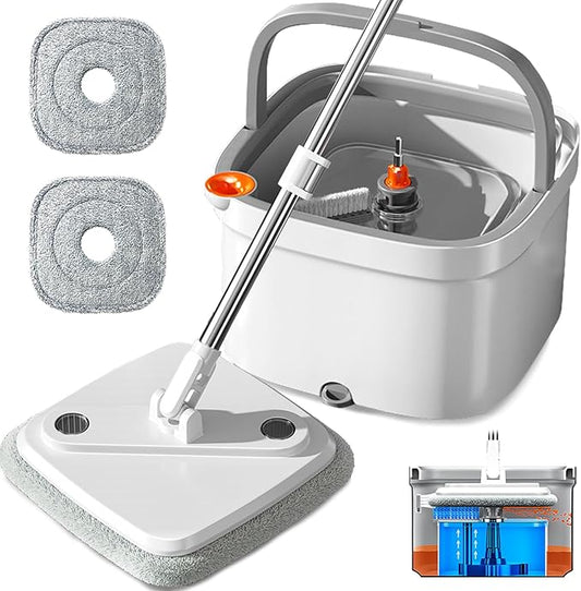 Spin Mop and Bucket Set with Self Separation System 360° Spinning Self-Wringing, Square Clean Mop and Bucket with Wringer-with Replaceable Mop (Light Grey Mop and Bucket Set 2pads)