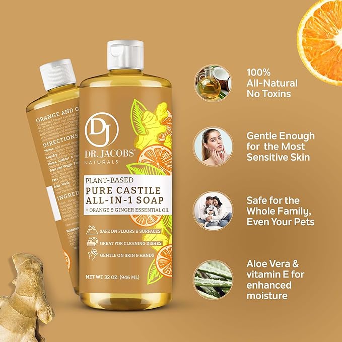 Dr. Jacobs Naturals Orange + Ginger Castile All-In-One Cleaner and Soap, Effective Plant-Based Formula for House Cleaning. Eco-friendly for Home Essentials and the Planet (32 Fl Oz, 2 Pack)