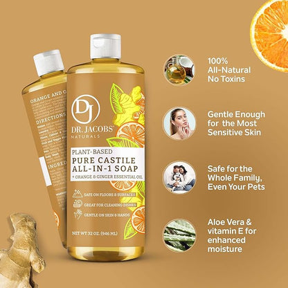 Dr. Jacobs Naturals Orange + Ginger Castile All-In-One Cleaner and Soap, Effective Plant-Based Formula for House Cleaning. Eco-friendly for Home Essentials and the Planet (32 Fl Oz, 1 Pack)