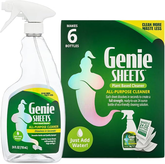 Genie Sheets All Purpose Cleaner | 1 Bottle with Sprayer + Concentrate Makes 6 24oz Refills | Professional-Strength | Just Add Water | Sustainable Eco-Friendly Plant-Based