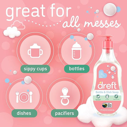 Dreft Baby, Bottle and Dish Soap, Removes Milk Film & Odor, Plant Based, Fragrance Free, Travel Size Bottles, 24 Fl Oz (Pack of 2)