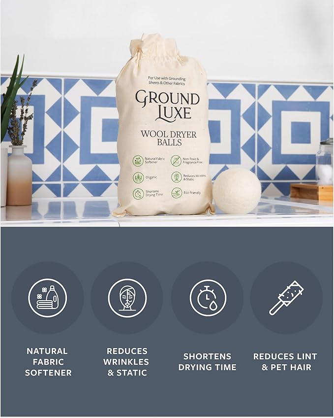 GroundLuxe Premium New Zealand Wool Dryer Balls - 100% Organic, Hand-Felted, Reusable, Reduce Drying Time - Set of 6 for Natural Fabric Softening, Wrinkle & Static Reduction
