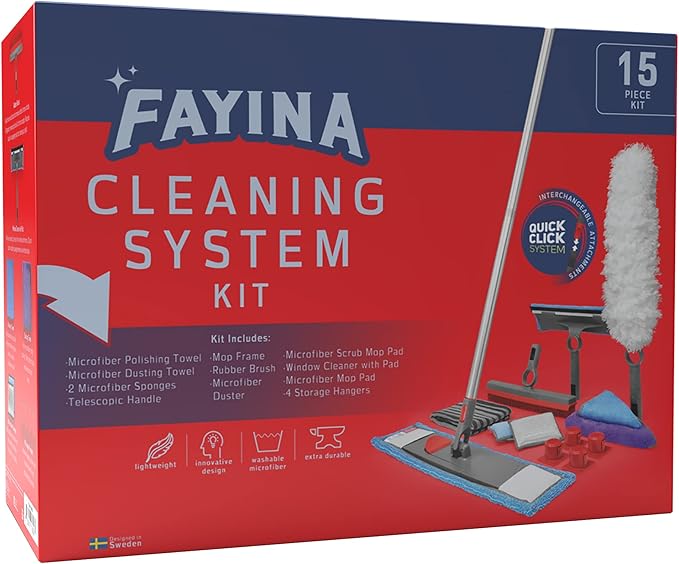 Ultimate Cleaning System Kit - Wet Flat Floor Mop, Rubber Brush, Microfiber Duster, Window Cleaner w/ Squeegee, 2 Microfiber Cloths and 2 Dish Sponges