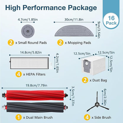 S8 MaxV Ultra Replacement Accessories Kit for Roborock S8 Maxv Ultra Robot Vacuum Cleaner, 1 Set Main Roller Brush,4 HEPA Filters,4 Side Brush,2 Dust Bag,2 Mop Pads,2 Edge Mop Clothes,16 Pack