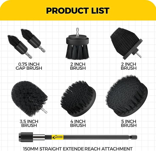 Holikme 8 Piece Drill Brush Attachments Set, Power Scrubber Brush with Extend Long Attachment，Cleaning Supplies，Scrub，Shower Scrubber，Bathtub, Bathroom, Kitchen（Black）