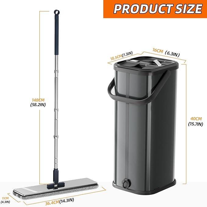 Black Flat Mop and Bucket for Home with 4 Extra Refills, Stainless Steel Mop and Bucket with Wringer, Hands-Free Mop, Wet and Dry Use Mop with Long Handle