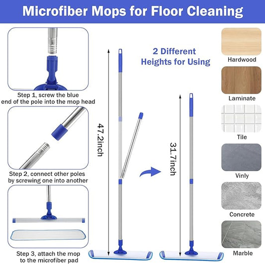 Uiifan 2 Set 18" Microfiber Mop Floor Cleaning Mop Flat Mop with Extendable Handle and Reusable Washable Mop Pads for Hardwood Floors Laminate Commercial Mop Bulk Wet and Dust Mop