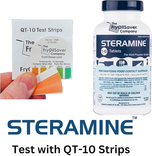 2 Bottles Steramine Tablet, Steramine Sanitizer Tablet w/ 15 QT-10 Test Strip for Food Service, Multi Purpose Sanitizing Tab for Food Contact Surface, Kitchen & Restaurant by FryOilSaver Co. (300 Tab)