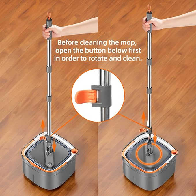 KZKR Spin Mop and Bucket Set with 10 Replaceable Microfiber Mop Pads with Self Separation Dirty and Clean Water System, Self Wringing 360° Rotating Square Mop Head for Hardwood Tile Marble Floors