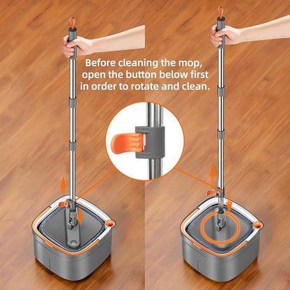 KZKR Spin Mop and Bucket Set with 14 Replaceable Microfiber Mop Pads with Self Separation Dirty and Clean Water System, Self Wringing 360° Rotating Square Mop Head for Hardwood Tile Marble Floors