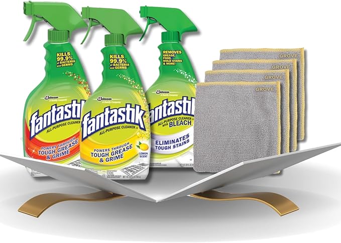 Fantastik All Purpose Cleaner Spray 32 oz + Lemon Scent All Purpose Cleaner Spray 32 oz + All Purpose Cleaner Spray with Bleach 32 oz Bundle with Microfiber Cloth - Multi-Surface Cleaning - (7 Items)