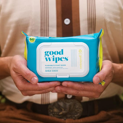 Goodwipes Flushable Butt Wipes Made with Vitamin E & Aloe - Soft & Gentle Wet Wipe Dispenser for Home Use, Septic & Sewer Safe - Largest Adult Toilet Towelettes - Shea Coco, 60 Count (Pack of 8)