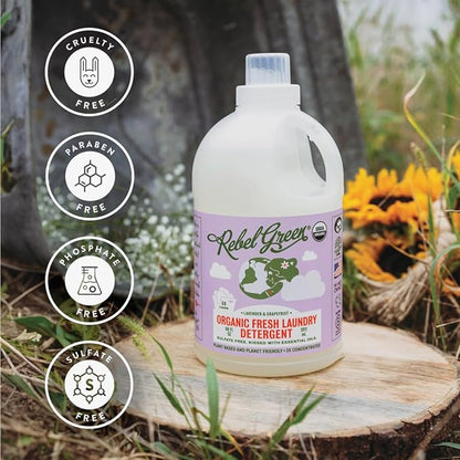 Rebel Green Organic Laundry Detergent - Natural Laundry Soap - Liquid Laundry Detergent with Dispenser Cup - Gentle Laundry Detergent - Fresh Lavender & Grapefruit Scent - 68 Load Bottles, 2 Pack