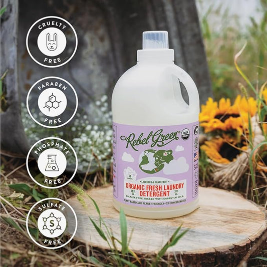 Rebel Green Organic Laundry Detergent - Natural Laundry Soap - Liquid Laundry Detergent with Dispenser Cup - Gentle Laundry Detergent - Fresh Lavender & Grapefruit Scent - 68 Load Bottles, 2 Pack