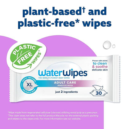 WaterWipes Adult Care Sensitive Body & Intimate Hygiene Wipes, 30 Wipes (1 Pack), Extra Large Textured, 99.9% Water-Based, For Everyday Personal Uses