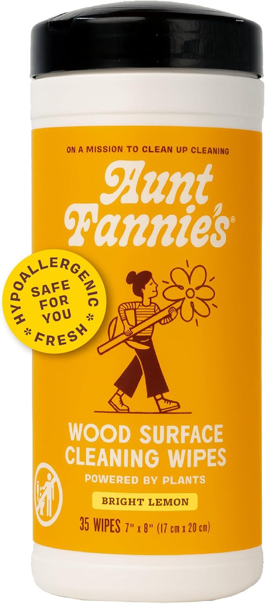 Aunt Fannie's Wood Surface Cleaning Wipes, Multipurpose Wood Surface Cleaner for Cabinets, Furniture, and Wood Floors, Lemon Scent, 35 Count (Pack of 1)