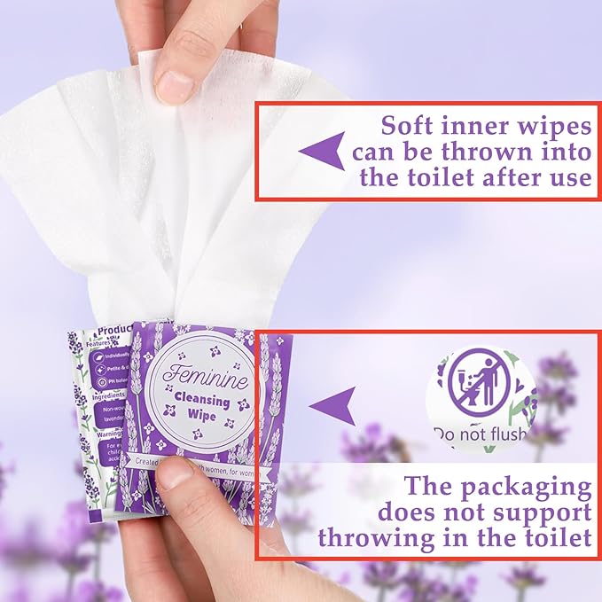 Tondiamo 200 Pcs Feminine Wet Wipes for Women Individually Wrapped Flushable Wipes Travel Size Soothing Personal Cleansing Natural Ingredients for Feminine Daily Use(Lavender Scented)