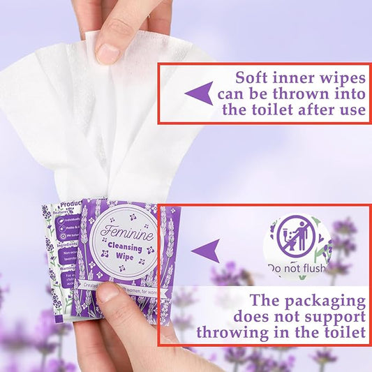 Tondiamo 200 Pcs Feminine Wet Wipes for Women Individually Wrapped Flushable Wipes Travel Size Soothing Personal Cleansing Natural Ingredients for Feminine Daily Use(Lavender Scented)