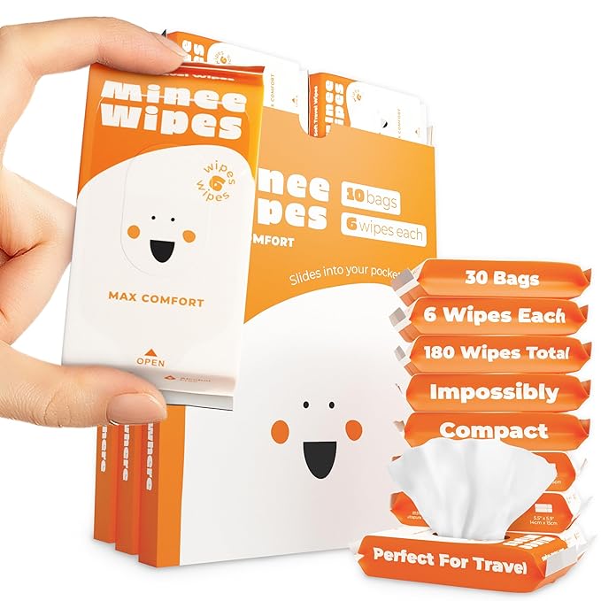 Impossibly Compact Travel Wipes with Natural Extracts - Skin-Friendly Wet Wipes, Hypoallergenic & Unscented for Adults, Kids & Baby Care - 30 Pack Total 180 Wipes