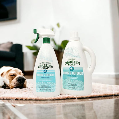 Charlie's Soap Indoor & Outdoor Surface Cleaner Refill (107 Fl. Oz.) Biodegradable Natural Outdoor Cleaning Spray – Safe for Indoor Use (2 Pack - One 32oz Sprayer and One 75oz Refill)