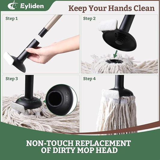 Eyliden String Mop with 2 Reusable Mop Heads, Non-Touch Replacement, Adjustable Cotton Mops for Floor Cleaning, No-Scratch Absorbent Classic Mop for Tile Concrete Wood Floor Kitchen Bathroom