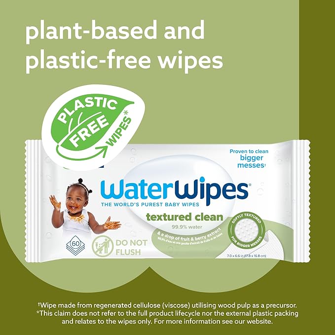 WaterWipes Plastic-Free Textured Clean, Toddler & Baby Wipes, 99.9% Water Based Wipes, Unscented & Hypoallergenic for Sensitive Skin, 60 Count (1 pack)