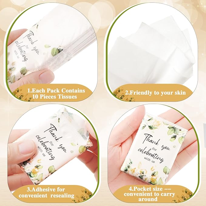 100 Pcs Wedding Facial Tissues Welcome Bags Mini Pocket Tissues Travel Size Wedding Favors for Guests 3 Ply Thank You for Celebrating with Us Celebration Graduation (Eucalyptus)