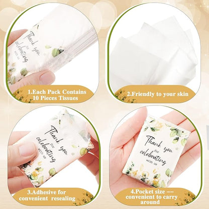 100 Pcs Wedding Facial Tissues Welcome Bags Mini Pocket Tissues Travel Size Wedding Favors for Guests 3 Ply Thank You for Celebrating with Us Celebration Graduation (Eucalyptus)