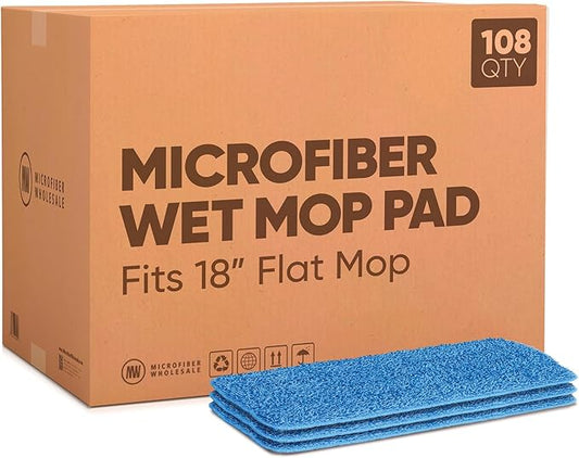 Bulk 18" Microfiber Wet Mop Pads Wholesale - Case Quantity (108 Count) | Use with Any Velcro Style Mop Frame | Machine Washable