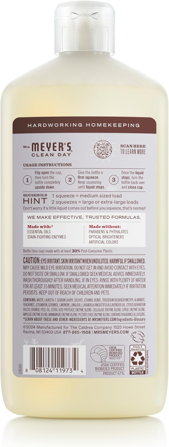 MRS. MEYER'S CLEAN DAY Ultra Concentrated Laundry Detergent, Lavender Scent, 24.3 fl oz