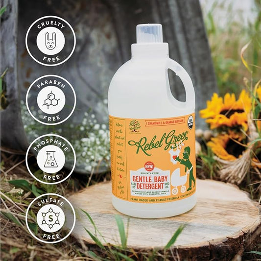 Rebel Green Organic Baby Laundry Detergent - Natural Laundry Soap - Liquid Laundry Detergent - Gentle Laundry Detergent - Chamomile & Orange Blossom Scent - (68 Load Bottles, 2 Pack)