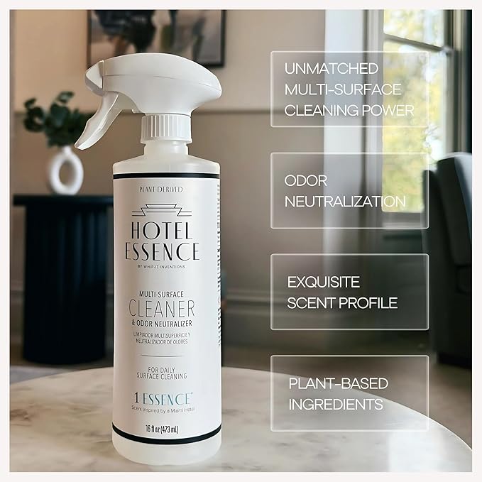 Hotel Essence Cleaner: Plant-Based Multi-Surface Cleaner & Odor Neutralizer, 16 oz, Leather, Cardamom, Lemon, Sandalwood, Cedarwood, Cinnamon, Vetiver, Amber, Musk, Iris, 16 Fl Oz (1)