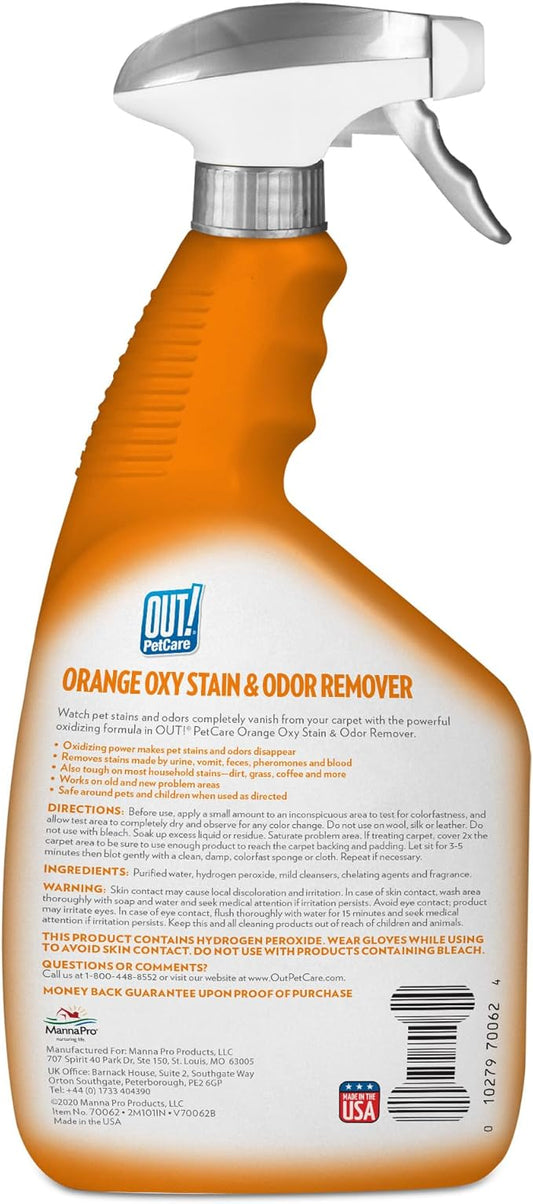 OUT! PetCare Complete Oxy Stain Remover, Oxy Orange Spray, Pet Stain and Odor Eliminator, Carpet Cleaner, Urine Remover and Odor Neutralizer, Upholstery Cleaner, 32 fl oz