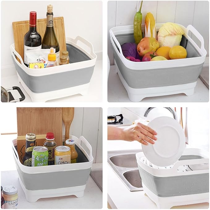 Ikaufen Dishpan for Washing Dishes, 9L (2.4Gallon) Collapsible Wash Basin with Drain Plug Carry Handles, Collapsible Bucket for Cleaning, Vegetable Washing, RV(Grey)