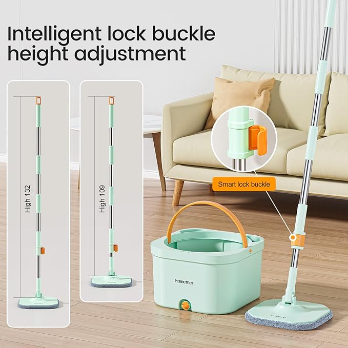 Spin Mop and Bucket with 6 Microfibra Replaceable Mop Pads, Self Separation Dirty and Clean Water System Self Wringing 360° Rotating Square Mop-Head (1 Bucket + 52'' Mop + 6 Microfibra Pads)