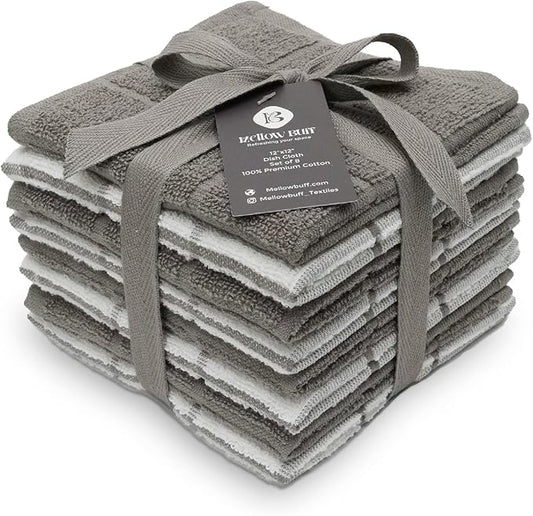 100% Cotton Dish Cloth for Dish Washing, Terry Dish Cloth, Cotton Dish Rags, 8 Pack, Super Soft and Absorbent,12"x12" inches, Reusable Cleaning Cloth,Grey (Solid and Checks)
