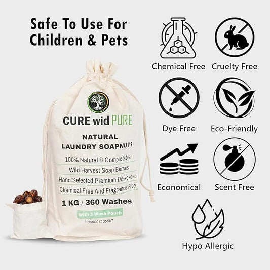 Cure wid Pure Organic Soap Nuts Deseeded 1kg/2.2Lb With 3 Wash Bags 360 Loads,Eco-friendly Soap Nuts Laundry Detergent,Chemical & Fragrance-free Organic Soap Berries Non-toxic Laundry Detergen