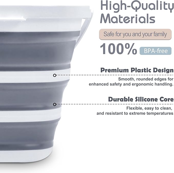 Collapsible Bucket Mop Bucket 2.6 Gallon(10L) for House Cleaning, Travel, and More - Lightweight, Foldable, and Portable for Outdoor Adventures(1,Grey-Square)