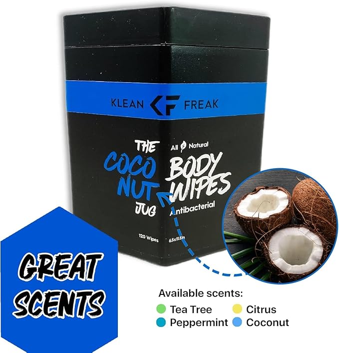 Body Wipes - for Face and Body, No Water, Wipe Away Sweat and Odor, Large Textured, Travel, Gym, Camping and More, 120 Cnt Jug (Coconut)