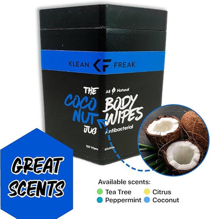 Body Wipes - for Face and Body, No Water, Wipe Away Sweat and Odor, Large Textured, Travel, Gym, Camping and More, 120 Cnt Jug (Coconut)