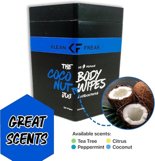 Body Wipes - for Face and Body, No Water, Wipe Away Sweat and Odor, Large Textured, Travel, Gym, Camping and More, 120 Cnt Jug (Coconut)