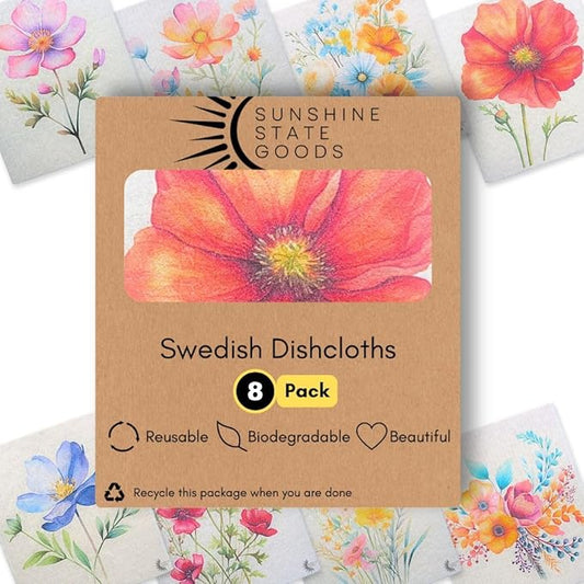Swedish Dishcloths - Ecofriendly Reusable Paper Towels, Biodegradable Dish Cloths - Cellulose Sponge Dish Cloths for Washing Dishes - 8 Pack (Floral)