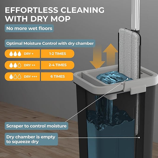 Small and Medium Black Hardwood Floor Mop and Bucket Set, Wet Mop and Bucket System for Home, Mops and Buckets for Floor Cleaning, Flat Squeeze Mop Bucket, with 4 Washable Pads