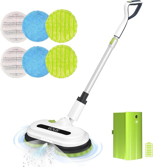 EOUS Cordless Electric Mop, Electric Mops for Floor Cleaning, Powerful Spin Mop with LED Headlight, Water Spray, Up to 60 mins Floor Scrubber with 300ml Water Tank, Detachable Battery, Multi-Surface